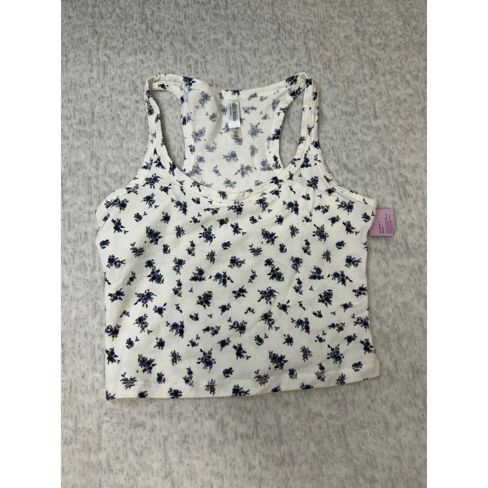 Wild Fable Womens Floral‎ Racerback Crop Tank Top White Navy Blue XS Sleepwear